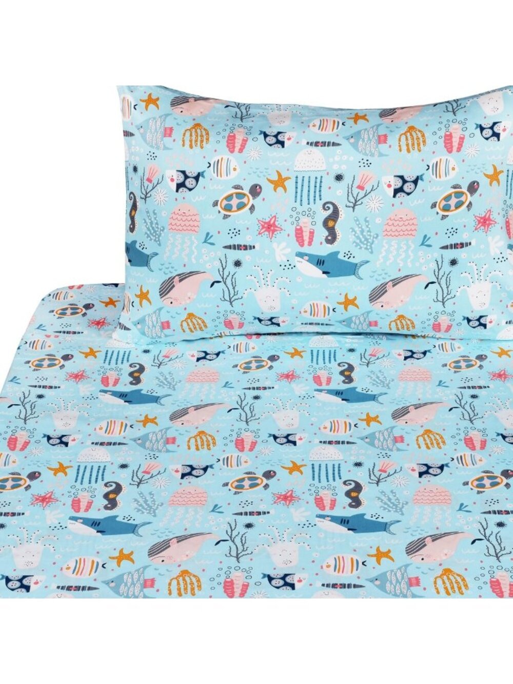Underwater Animals Twin Sheet Set - Sea Fishes, Turtle, Shark & Dolphin Bedding